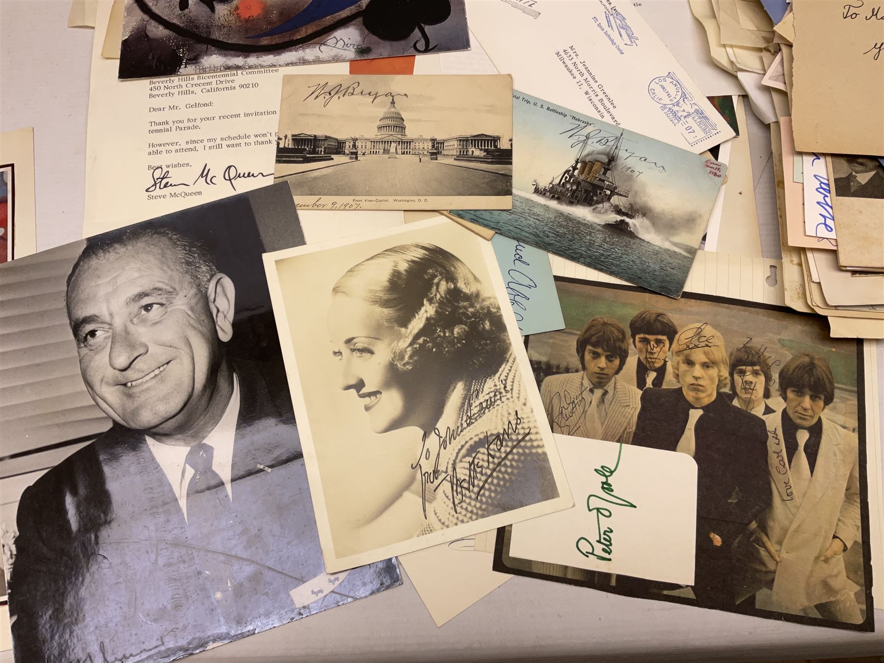 Over five-hundred and fifty autographs and signatures on cards, letters, posters, a book, photographs etc including Jefferson Davis, Lyndon B. Johnson, Orson Welles, Mary Pickford, Mickey Rooney, Peter O'Toole, Julie Andrews, Debbie Reynolds, Diana Dors, Alain Delon, Christiaan Barnard, Monica Lewinsky, Clifford Bax, Dom Mintoff, Pierre Trudeau, Margaret Truman, Marie Stopes, Havelock Ellis, Alfred Piccaver, Elisabeth Schumann, James Doolittle, Will Hays, Jesse Lasky, Billie Whitelaw, Megan Lloyd George, Leni Riefenstahl, Princess Anne & Captain Mark Phillips, Princess Alexandra of Kent & Angus Ogilvy, Prince & Princess Michael of Kent, Laurence Olivier, Leslie Caron, Lillian Hellman, Roddy Doyle, Max Mosley, Charlton Heston, Jerry Lewis, Jeremy Brett, Tallulah Bankhead, Russell Braddon, Marc Chagall, Roy Jenkins, Beatrice Webb, Olave Baden-Powell, Samuel Hoare, Leslie Hore-Belisha, Amelita Galli-Curci, Joan Miro, Tony Blair, Beryl Cook, Giles etc