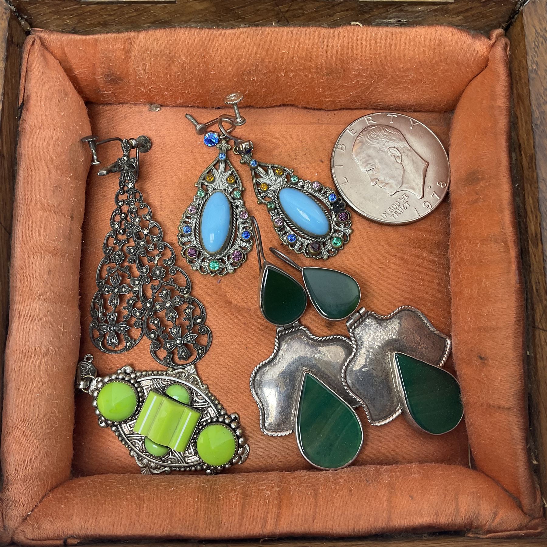 Five silver coffee spoons, together with one other, hallmarked, silver jewellery and costume jewellery in a wooden jewellery box