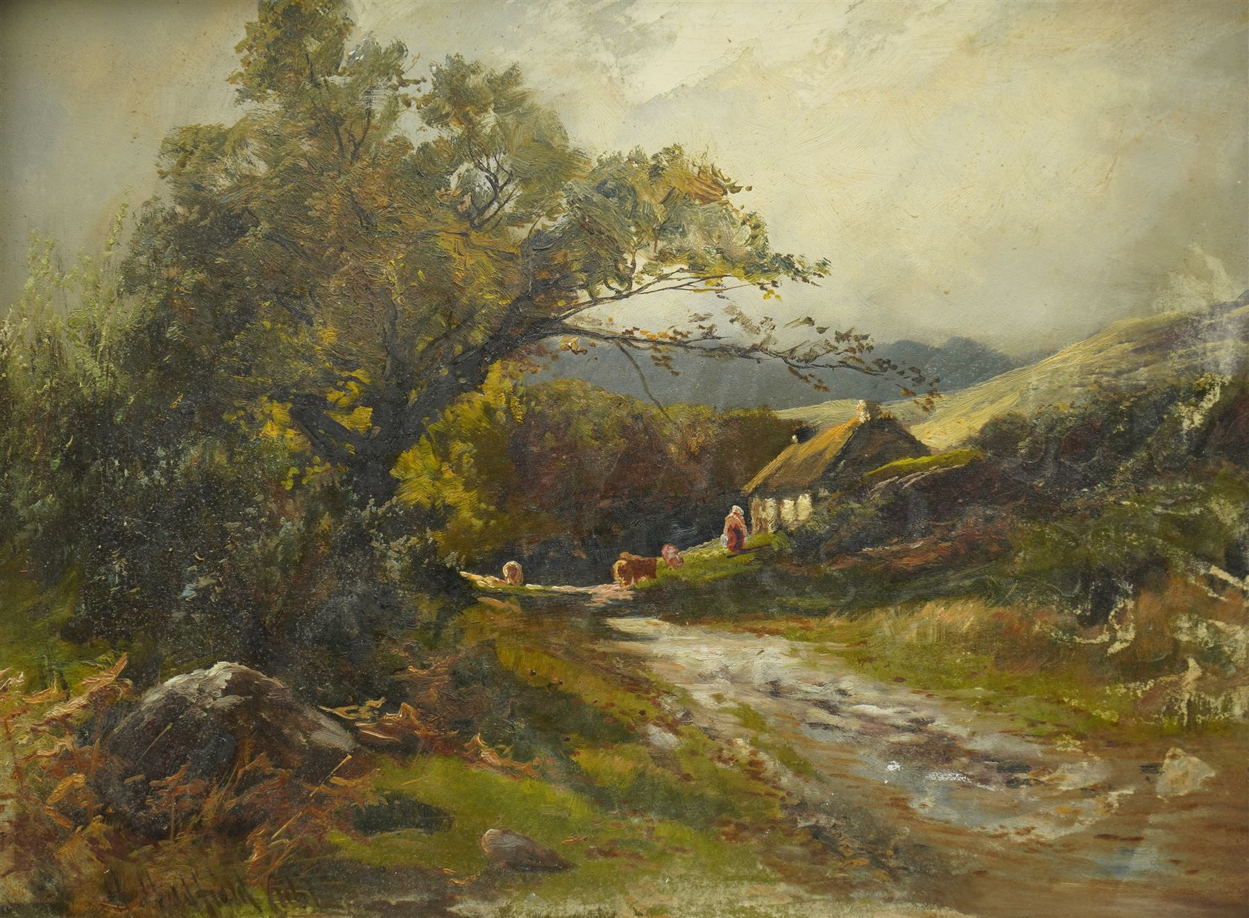 Henry Hadfield Cubley (British 1858-1934): Figures and Cattle by a Thatched Farmstead, oil on board signed 34cm x 45cm