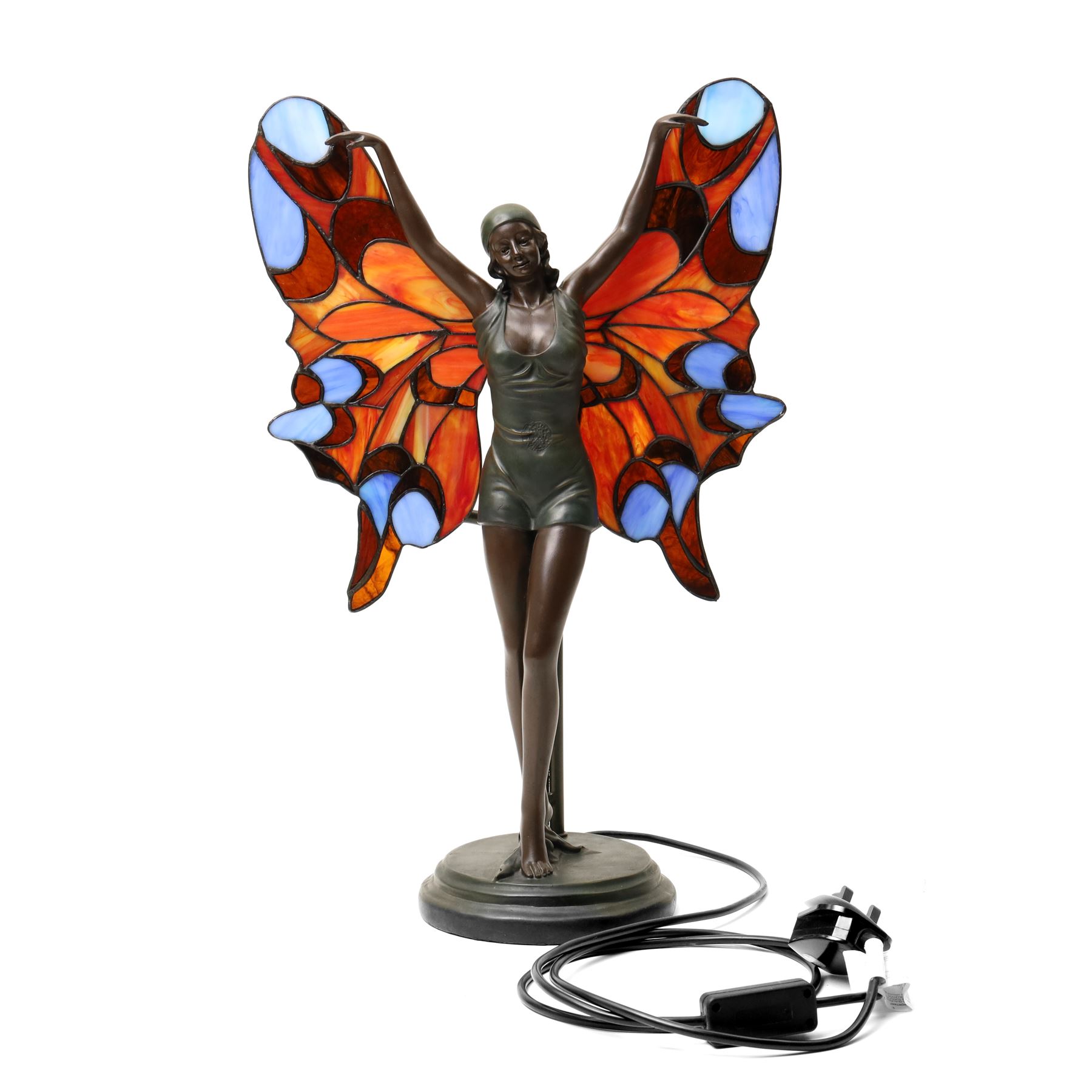 Tiffany style table lamp in the form of an art deco style bronzed female figure with butterfly wings H52cm