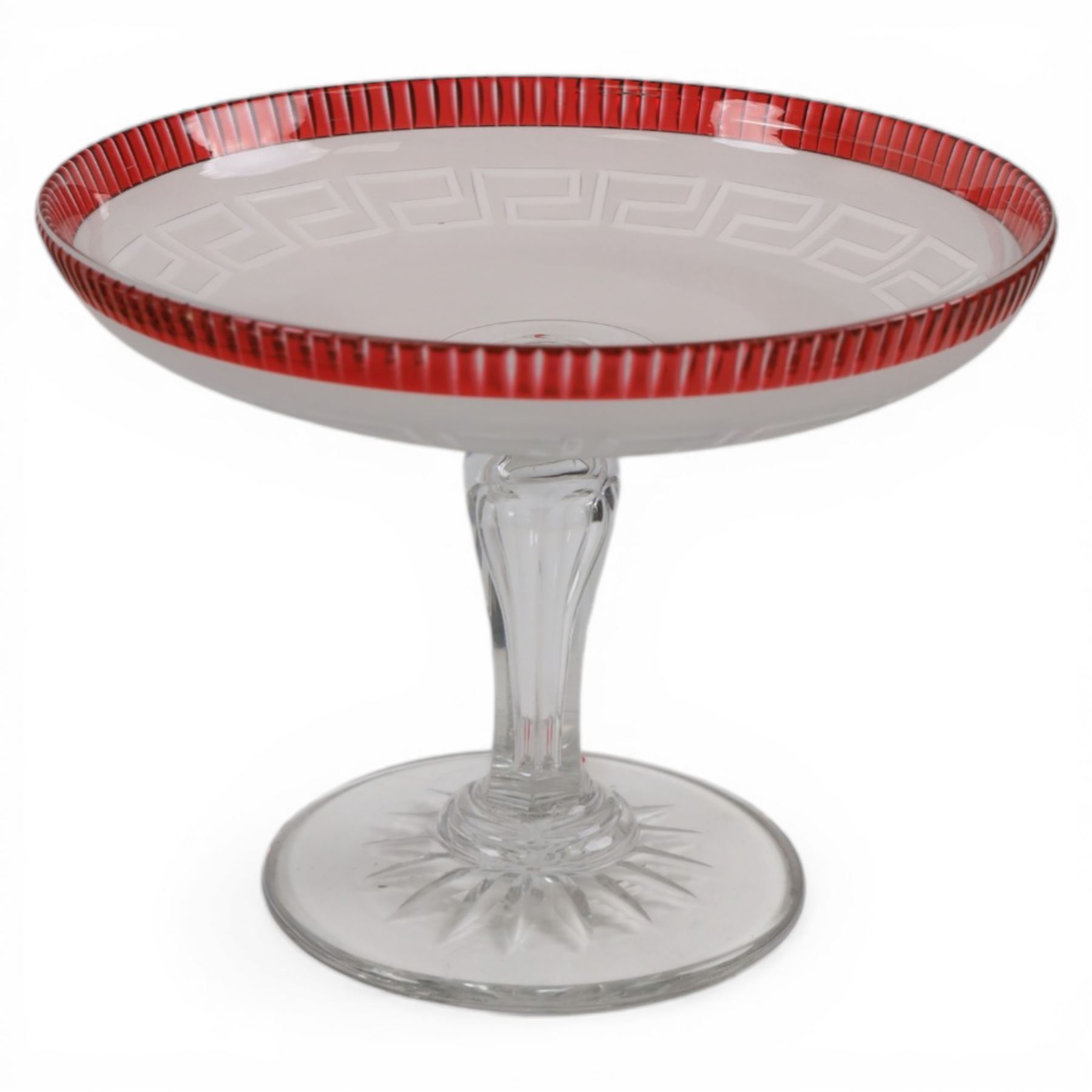 Two Victorian clear, frosted and cranberry cut glass tazzas, largest example H15.5cm D27cm
