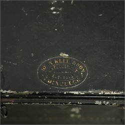 19th-century painted steel document box, front opening with shelf and side-mounted carrying handles, with maker's stamp for John Kelly & Son, Edinburgh, painted in gold lettering, 