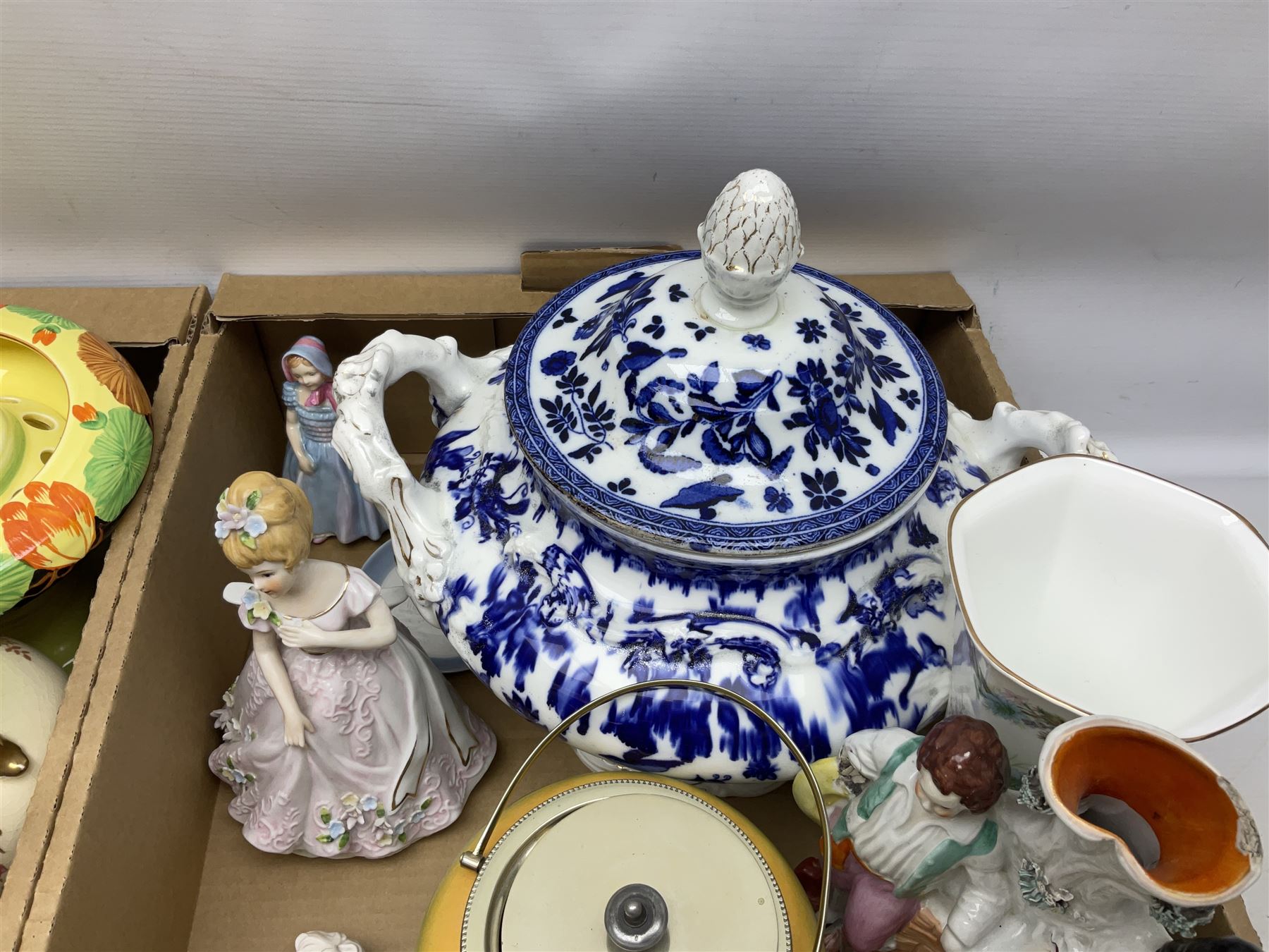 Royal Worcester miniature loving cup, Royal Doulton Wendy figure HN 2109, Lladro dish, two Giuseppe Armani figures, Staffordshire style figural vase, Crown Devon Fieldings blush ivory ewers and twin handled vases, Villeroy & Boch, Royal Doulton, Carlton Ware, Masons ironstone, other ceramics, teawares etc in four boxes