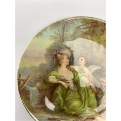 Late 19th century porcelain plate, hand painted by Frederick Sutton, depicting a female figure and putto within a wooded landscape, with recumbent sheep and brook to the fore, signed F N Sutton, unmarked verso, D22.5cm

Frederick Sutton was employed as a painter at the notable factories of Royal Worcester, Coalport, and Minton. 