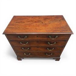 George III mahogany chest, fitted with four graduating drawers, rectangular flamed mahogany top with moulded edge, above four graduated drawers with brass swan neck handles, raised on bracket feet