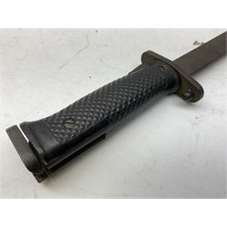 WW1 American Model 1917 Enfield bayonet by Remington with 43cm fullered steel blade; in leather scabbard with frog L59cm overall; and American M5A1 knife bayonet marked MILPAR COL to the cross-piece (no scabbard) (2)