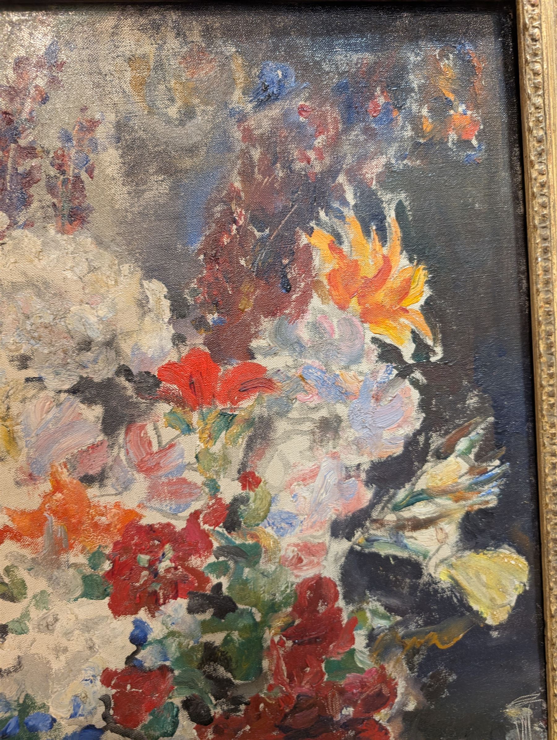 Attrib. Dame Ethel Walker DBE ARA (British 1861-1951): 'Mixed Bouquet', oil on canvas unsigned, titled verso with various exhibition labels 75cm x 62cm