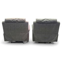 Oak Furnitureland - charcoal fabric electric recliner suite, comprising three-seat sofa and two matching armchairs, each with power reclining mechanism and integrated USB-A charging socket, upholstered in soft charcoal grey fabric with pillow arms and split back cushions

Armchairs W 100, D 82, H 104cm
Sofa W 230cm, D 82cm, H 104cm