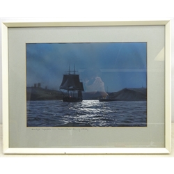 Gordon Ellis (British 1920-1978):  'Moonlight Departure - Arctic Whaler leaving Whitby', pastel signed, titled on the mount 35cm x 50cm