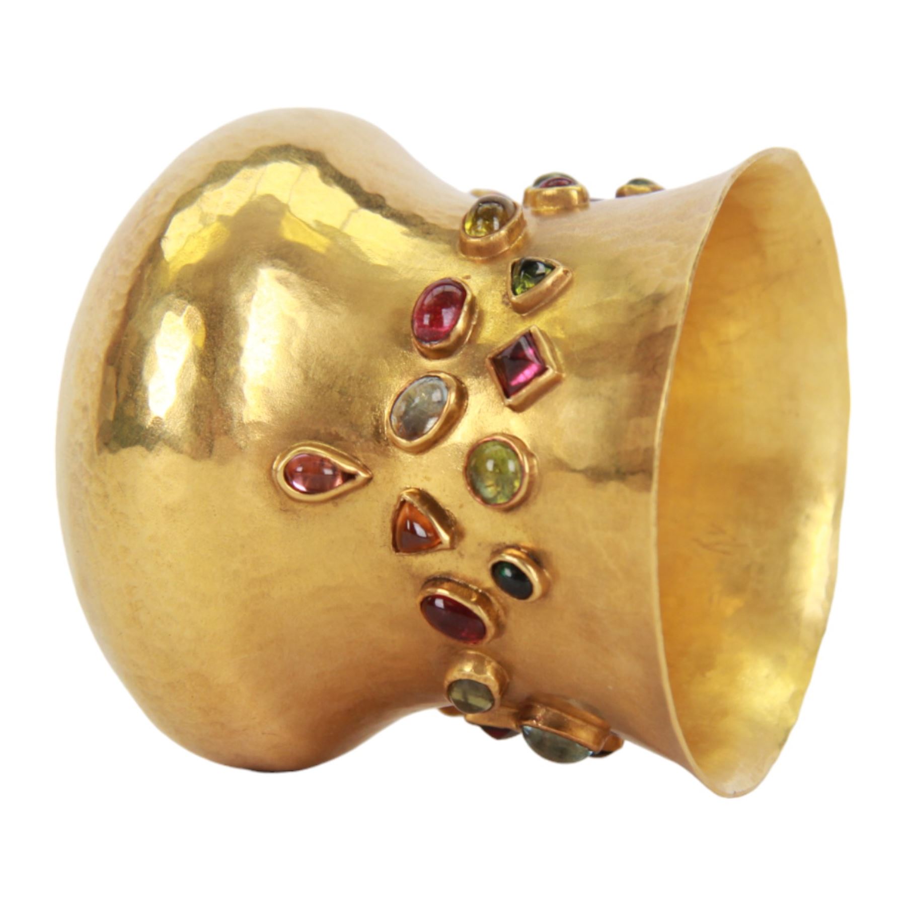 Small modern 22ct gold vase, the body waisted bellied form with planished finish, set with bezel set multi-gemstone cabochons, including topaz, garnet and tourmaline, hallmarked Sarah Jones, London 2002, also marked 916, H5.5cm

