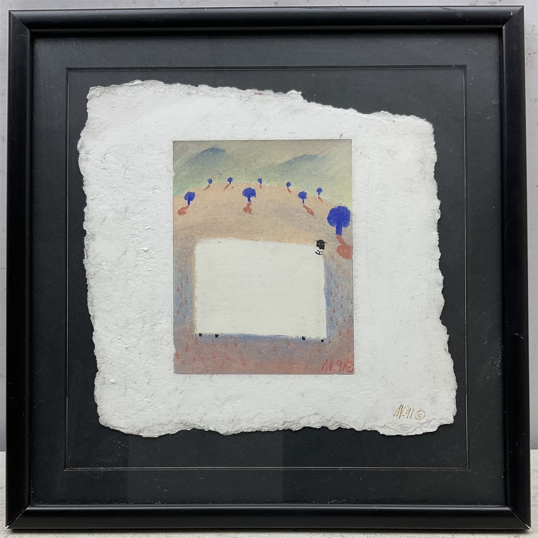 Mackenzie Thorpe (British 1956-): Sheep, pastel on handmade paper signed with monogram and dated '91, 19cm x 19cm 
Provenance: the vendor's father attended Thorpe's art school in Richmond and the two became firm friends; this painting was a gift from Thorpe to the former when he moved away from the area.