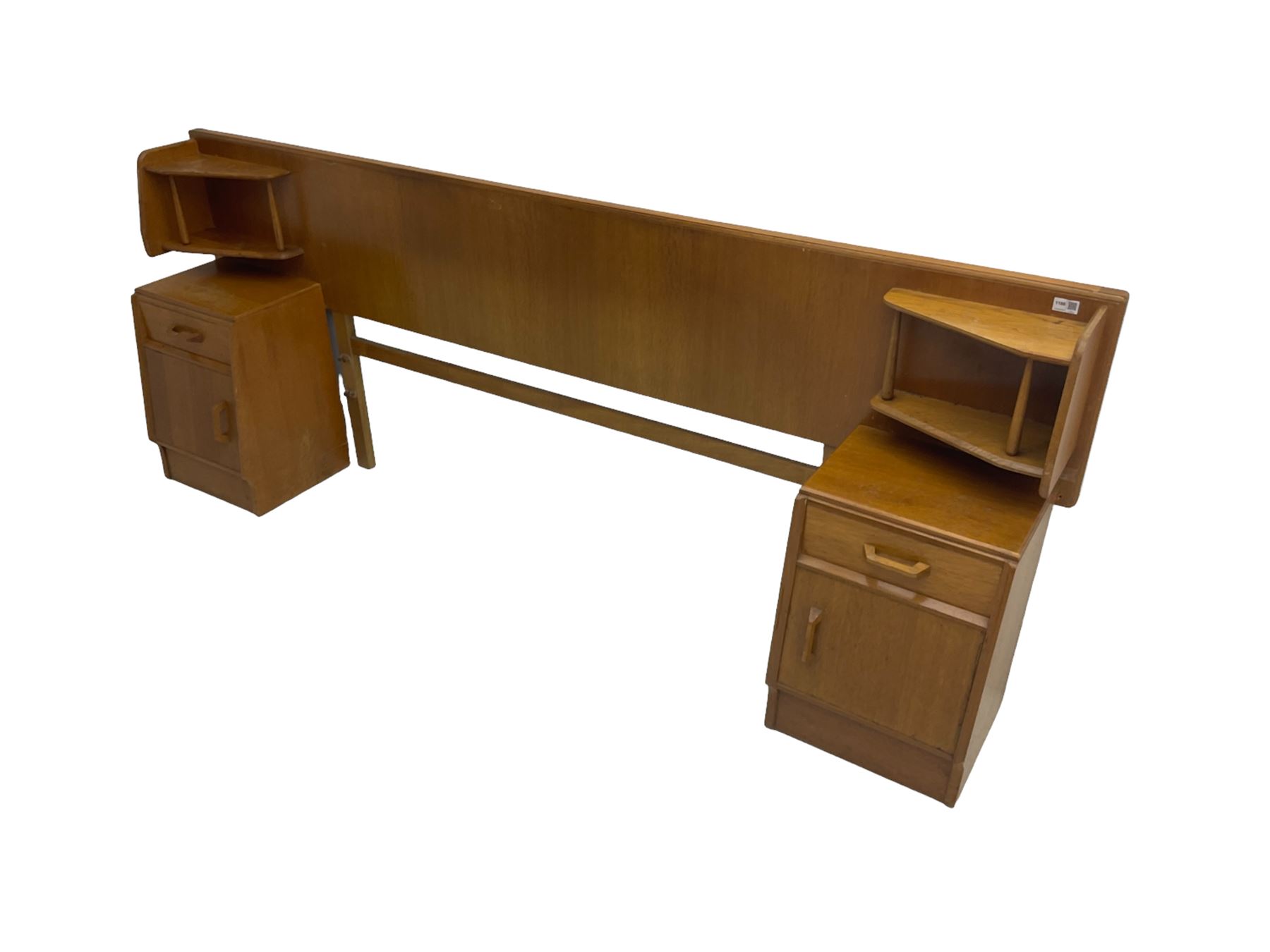 G-Plan - 'Brandon' oak headboard with open shelves to each side (W222cm H86cm), with two matching bedside cupboards, fitted with single drawer over cupboard (W37cm H53cm)