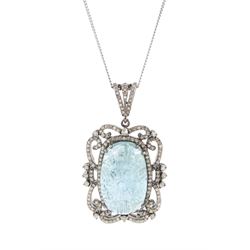Silver carved aquamarine and diamond pendant necklace, stamped 925, aquamarine approx 12.45 carat, total diamond weight approx 1.05 carat