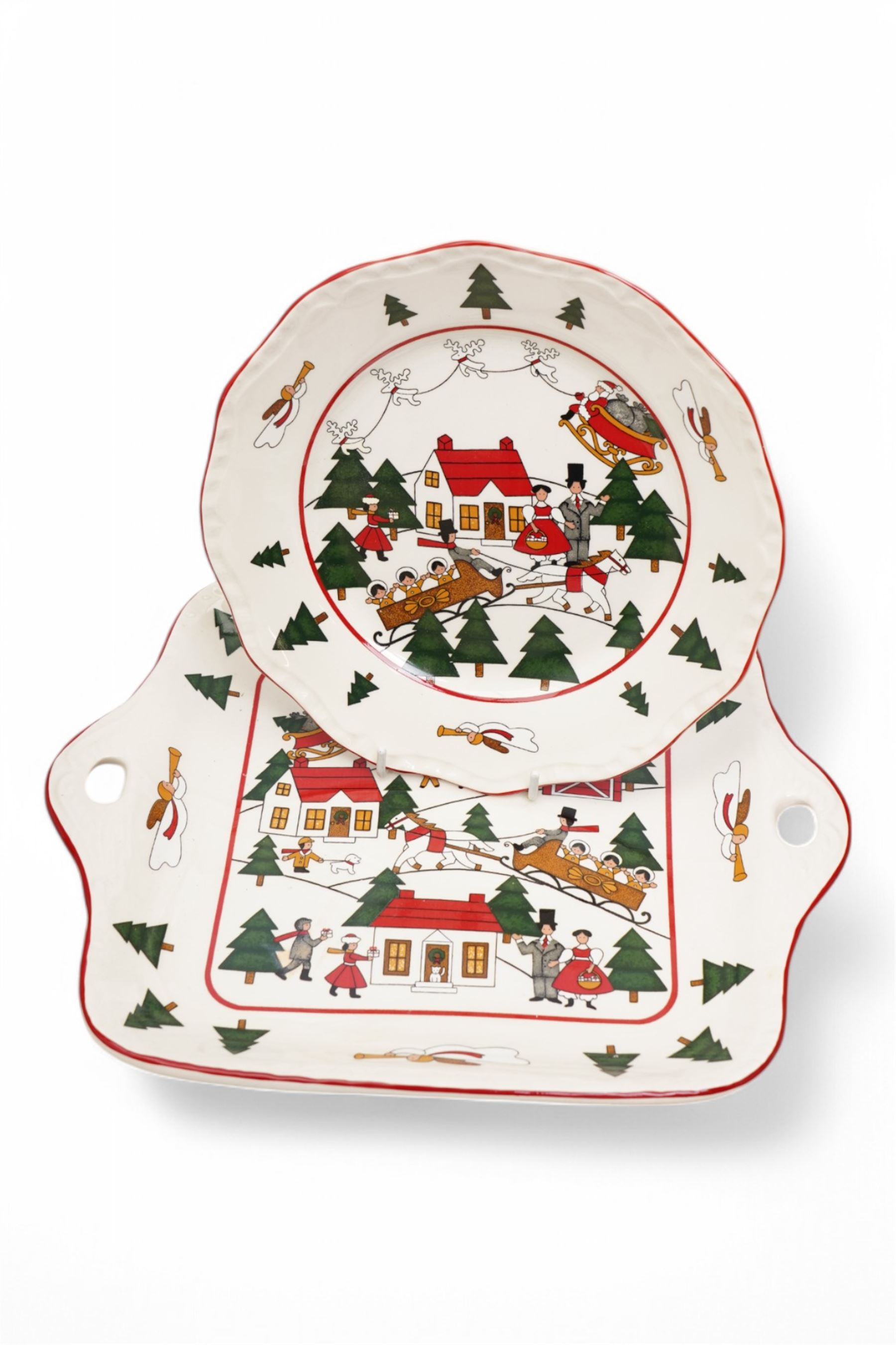 Masons Christmas Village tea wares, designed by Marsten-Mandrajji, comprising three-tiered an other cake stand, large bowl and jug, two twin-handled serving dishes, mug and two teacups, plates of various sizes etc