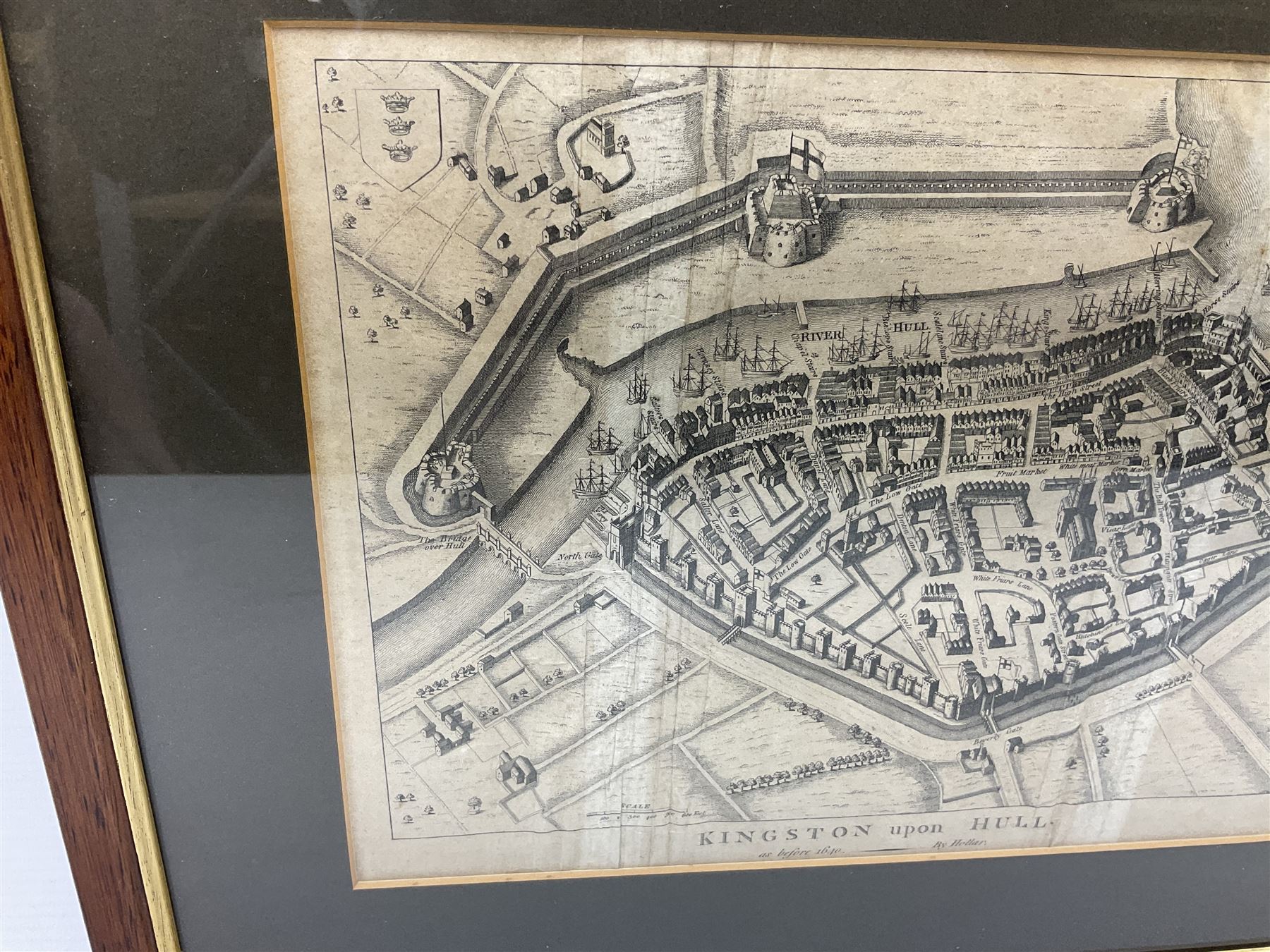 'Kingston-upon-Hull map as before 1640', After Wenceslaus Hollar from: Rev. John Tickell's The History of the Town and County of Kingston upon Hull; line engraving by Issac Taylor c1796; 20 x 27cm in modern frame