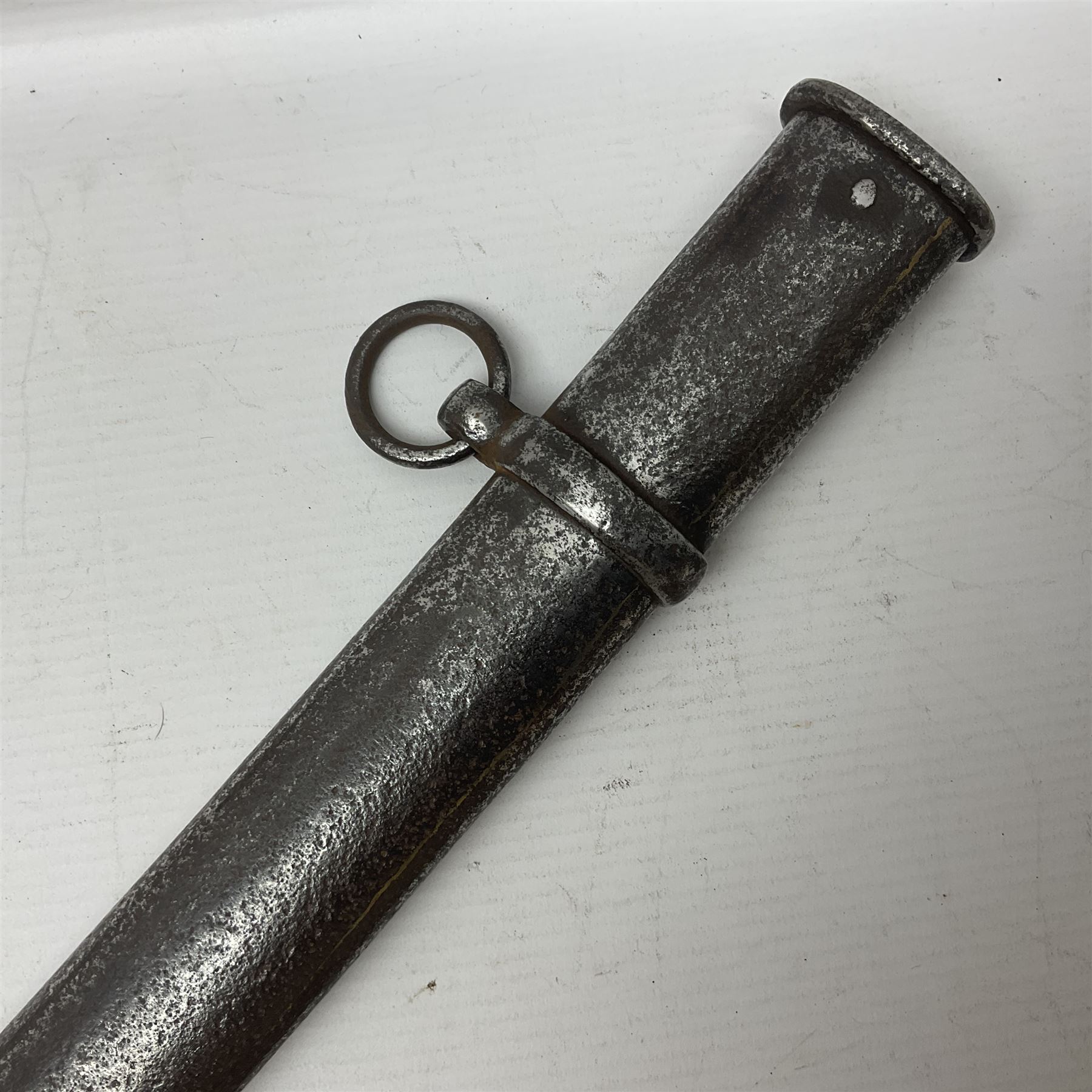 19th century French 1822 Pattern Light Cavalry trooper's sword with 88.5cm slightly curving fullered blade, brass three-bar hilt and wire-bound leather grip; in polished steel scabbard with two suspension rings L110.5cm overall