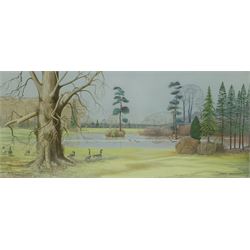 P Swayne (British 20th century): Geese in a River Landscape, oil on panel signed and dated 1970, 64cm x 144cm