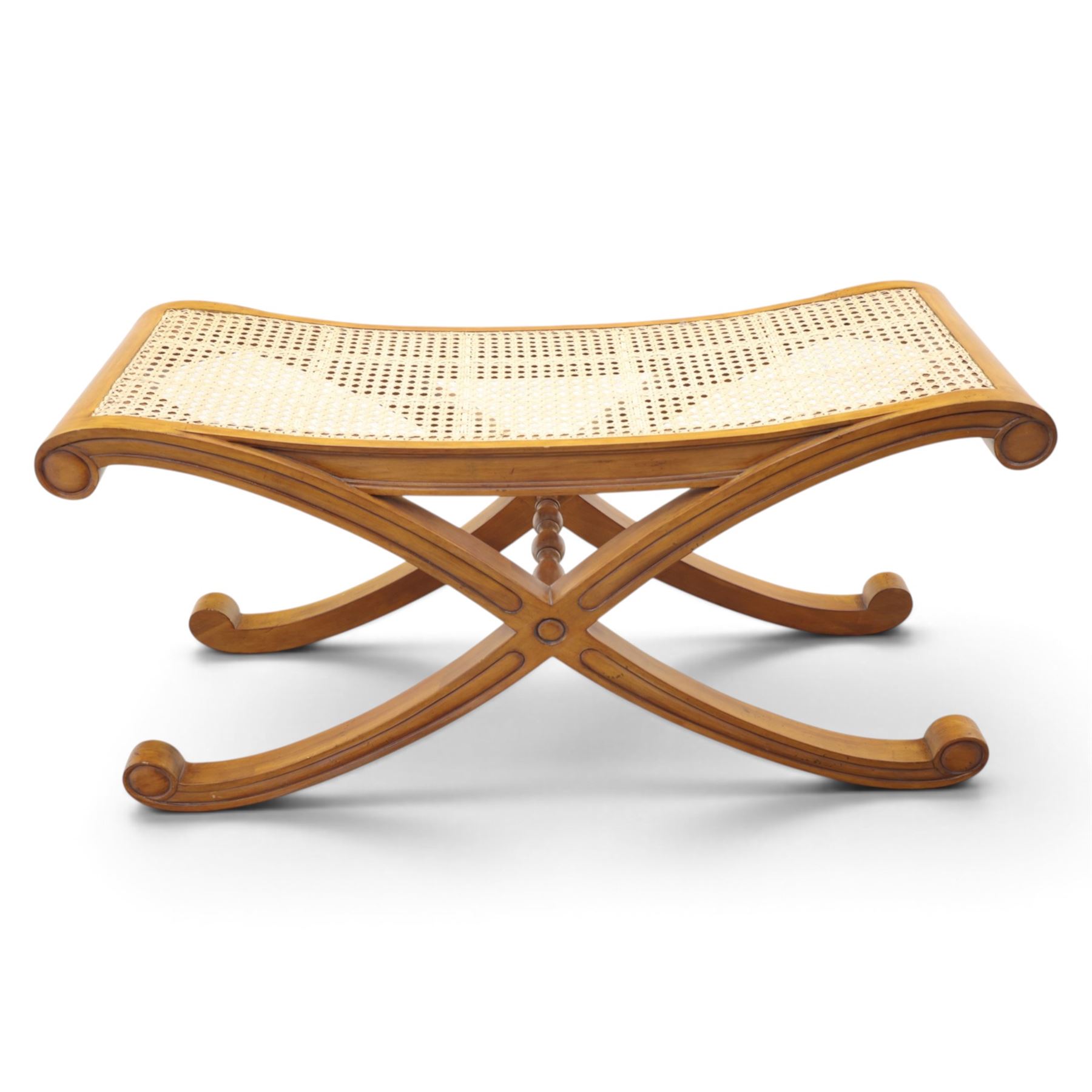 And So To Bed - cherrywood 'Louis XV' caned bench, caned top above an X-frame united by turned stretcher