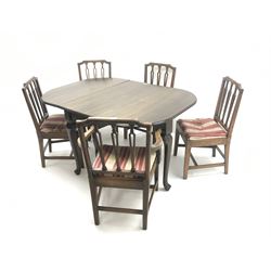 Set five (4+1) Georgian mahogany dining chairs, upholstered drop in seat, square tapering supports joined by stretchers (W61cm) and mahogany drop leaf table, turned tapering supports on pad feet (W147cm, H77cm, D105cm)