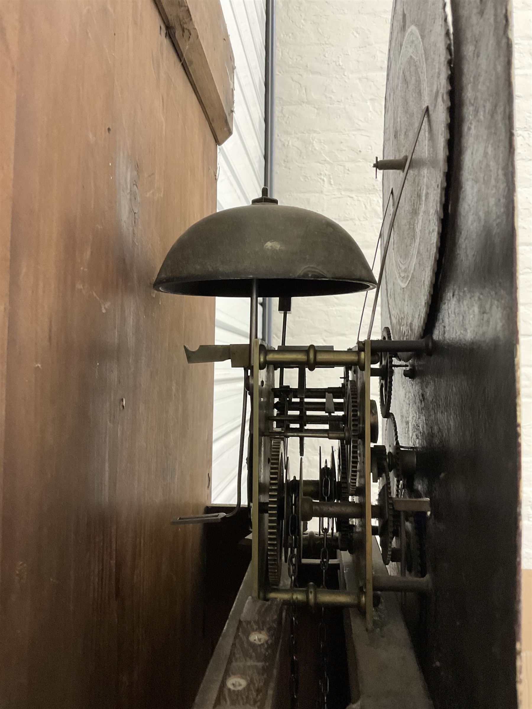 Ralph Weston (III) of Wolsingham (Co Durham)  -  Mahogany cased 30-hour Longcase clock, broken arch pediment with brass paterie and two ball and spire finials, break arch hood door flanked by reeded pilasters with brass capitals, trunk with canted corners and long flat topped door, rectangular plinth raised on bracket feet, painted dial with depictions of the four seasons to the spandrels and a working moon disc to the arch, with Roman numerals, dummy winding arbors, dummy seconds dial, calendar dial and steel hands, Dial pinned directly to a countwheel striking chain driven movement, with weight and pendulum.  
The Weston family of County Durham clockmakers were highly prolific family of North-Eastern clockmakers during the 18th and 19th century, Well known for producing many Thirty-Hour clocks with 