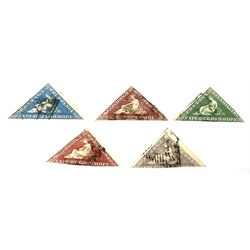 Five used Cape of Good Hope imperf triangle stamps, two one penny, fourpence, sixpence and one shilling