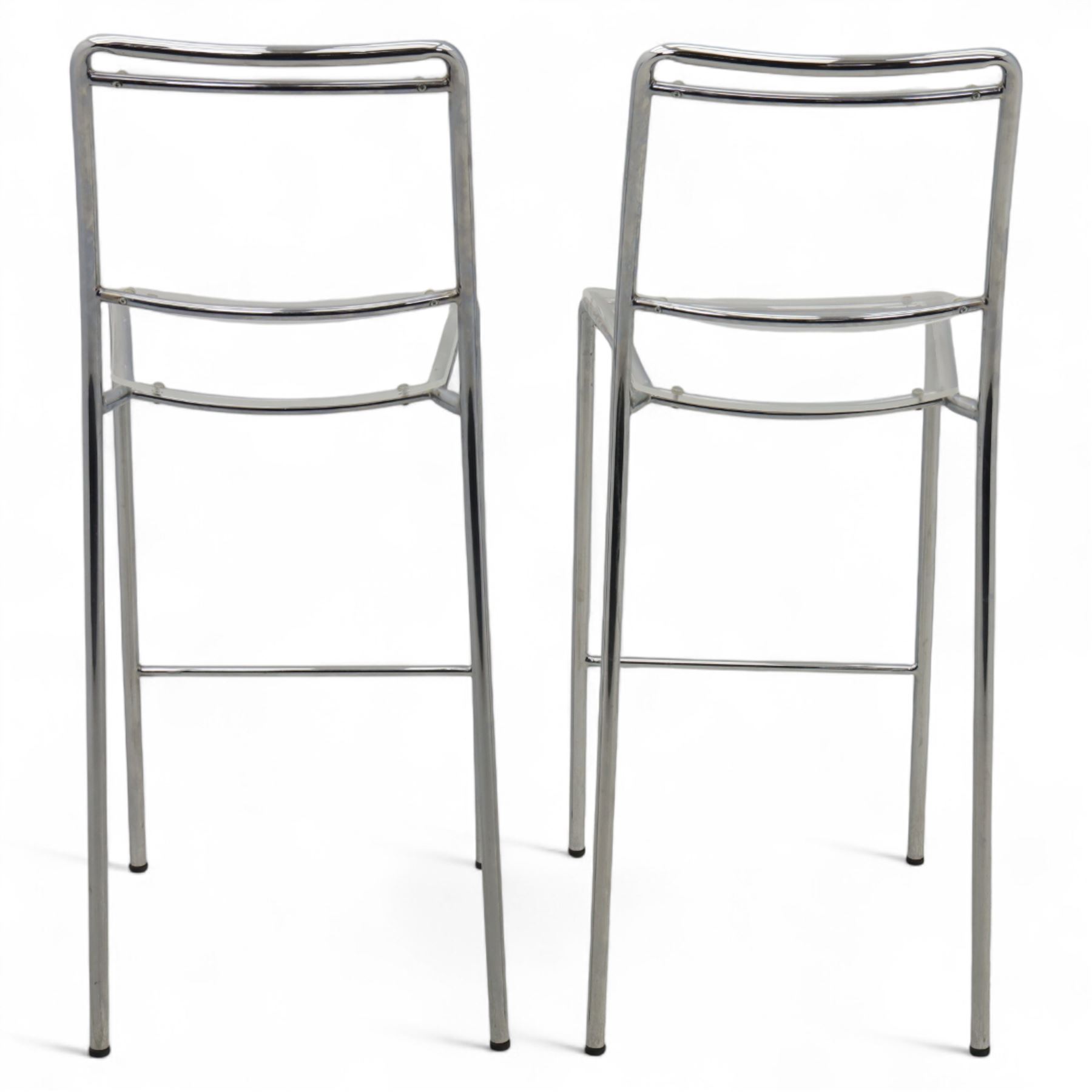 Pair of Italian Lucite and chrome high back stools, with clear moulded seats and backs supported by tubular chrome frames 