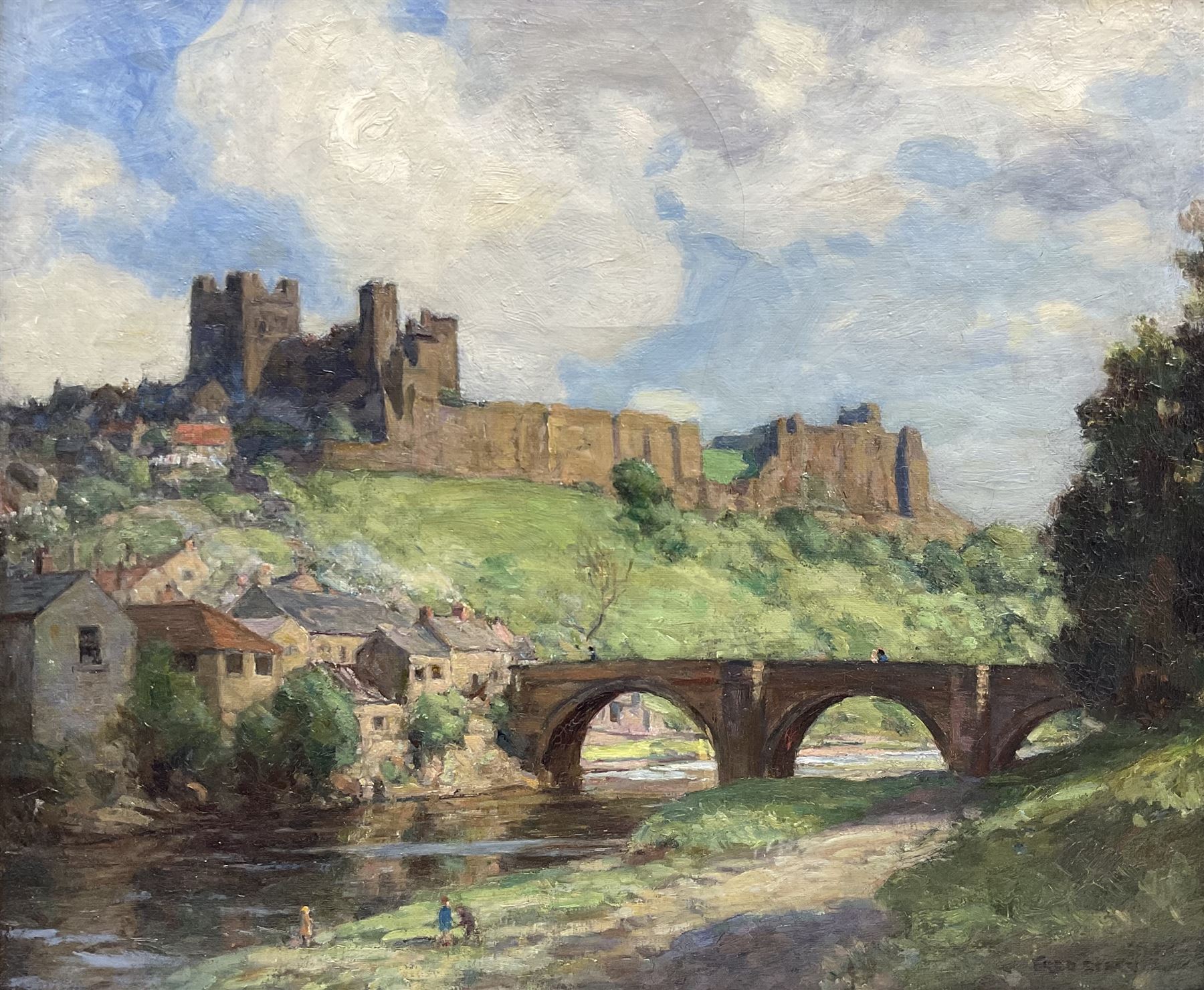 Frederick (Fred) Stead (British 1863-1940): Green Bridge and Richmond Castle, oil on canvas signed 50cm x 60cm 
Provenance: exh. Cartwright Memorial Hall, Bradford, label verso
