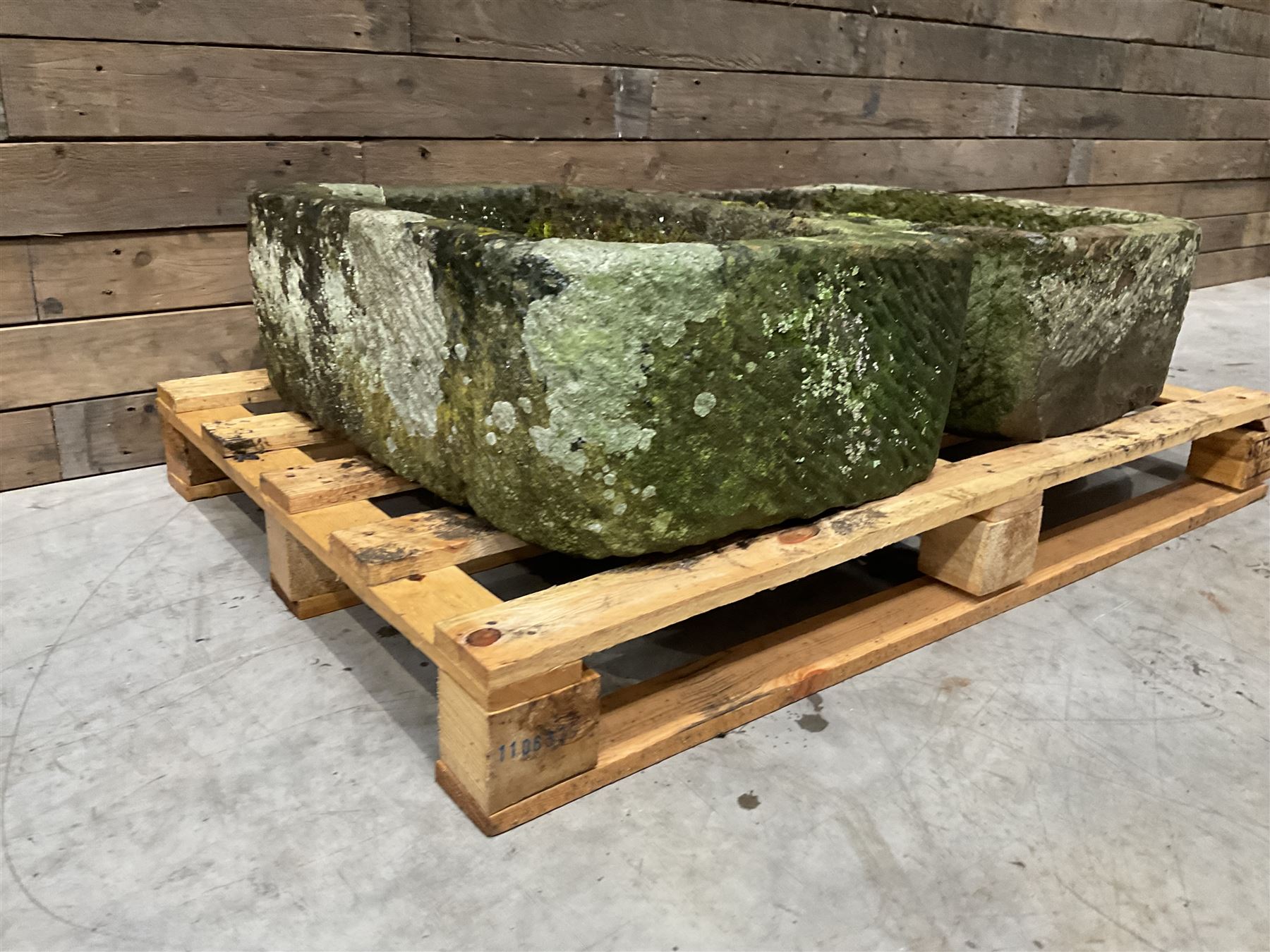 Two 19th century rectangular stone troughs (W72cm, D46cm, H25cm & W70cm, D44cm, H23cm)
