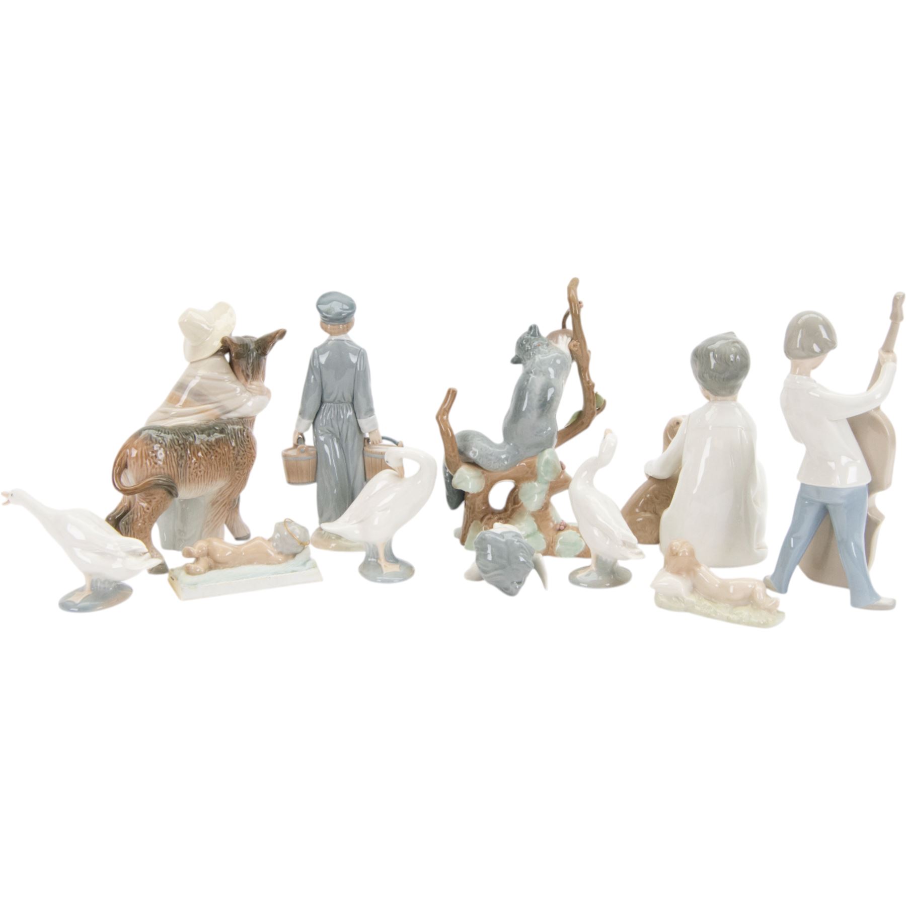 Collection of Lladro figures, including Platero and Marcelino 1181, Grey Squirrel, Geese etc 