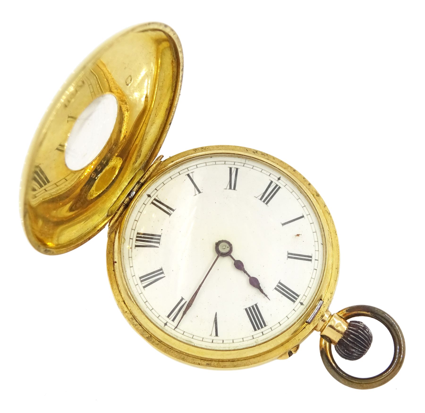 Early 20th century 18ct gold half hunter keyless lever fob watch, white enamel dial with Roman numerals, back case engraved with monogrammed initials, stamped 18K with Helvetia hallmarked