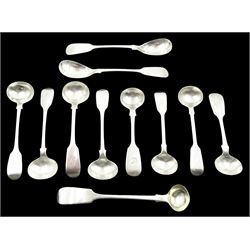 Collection of eleven silver Fiddle pattern salt spoons, comprising a matched set of four Victorian examples, hallmarked Thomas Sewell I, Newcastle 1863 and 1867, three further Victorian examples, hallmarked Reid & Sons, Newcastle 1840, a single Victorian example, hallmarked Newcastle 1841, makers mark worn and indistinct, a Victorian pair, hallmarked Reid & Sons, Newcastle 1843, and a William IV example, hallmarked William Rawlings Sobey, Exeter 1833, approximate total weight 4.27 ozt (133 grams)