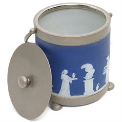 19th century Wedgwood Jasperware biscuit barrel, bas relief decorated with Diana and other classical figures, with EPNS mounts and swing handle, H18cm together with a Wedgwood Queen's Ware bowl (2)