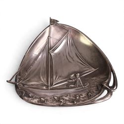 WMF Jugendstil Visiting card tray, No.264, decorated with a sailboat, H18cm, W21cm