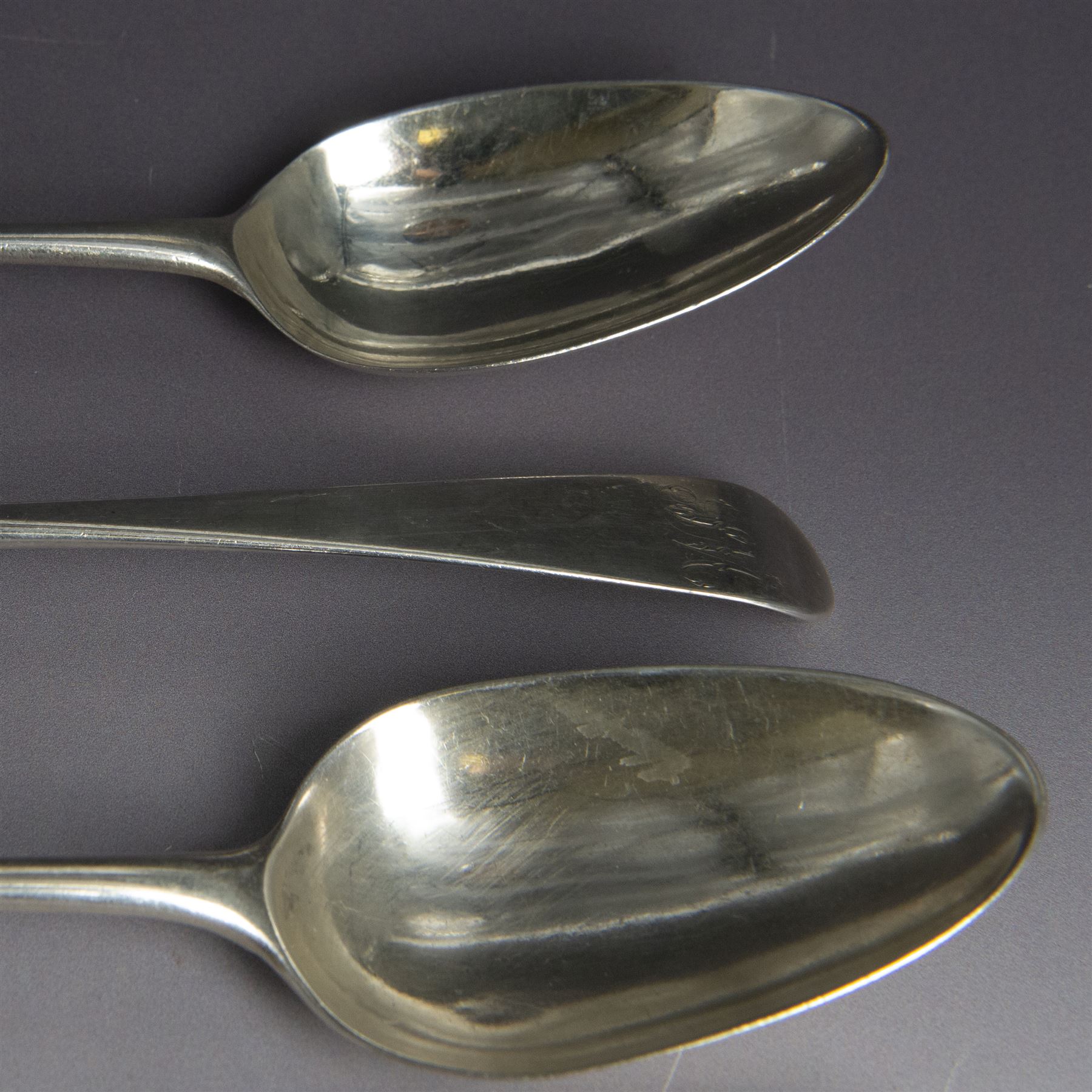 Set of six George III silver Old English pattern serving spoons, each engraved with monogram, hallmarked 	Richard Crossley, London 1786