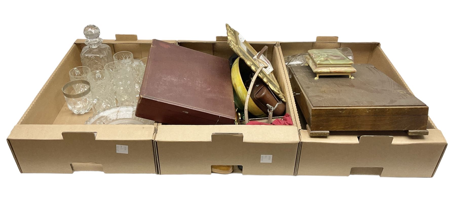 Onyx box with claw feet, together with gilt framed mirror, cut glass vase and other collectables, in three boxes 