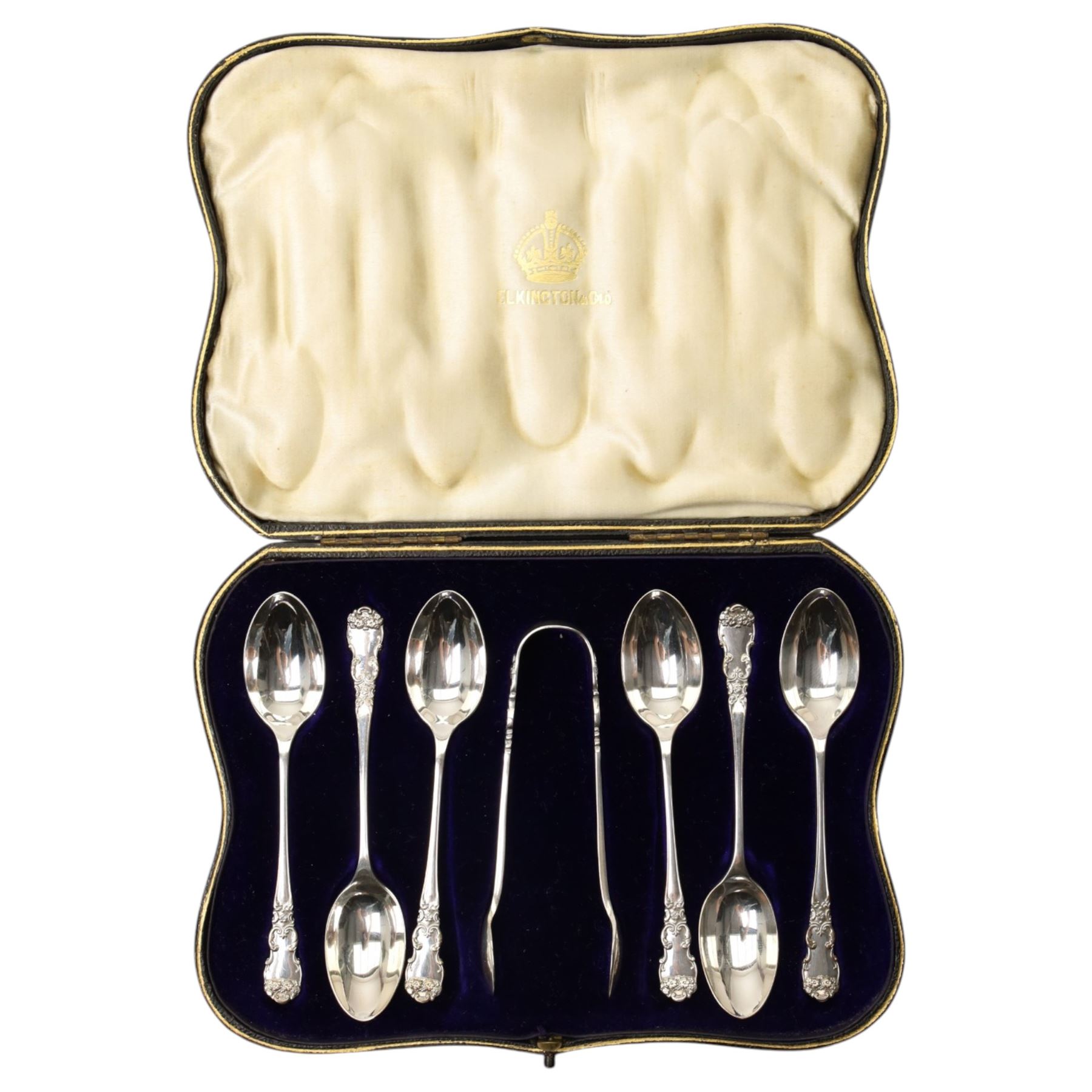 Cased set of six silver teaspoons and tongs Birmingham 1918 Maker Elkington & Co