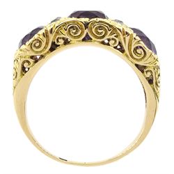 Dutch gold three stone round cut amethyst and six old cut diamond ring, stamped, total amethyst weight approx 3.95 carat
