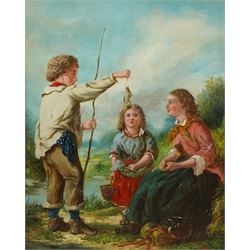 English School (19th/20th century): Children Fishing on the Riverbank, oil on canvas signed with monogram CWB 49cm x 38cm