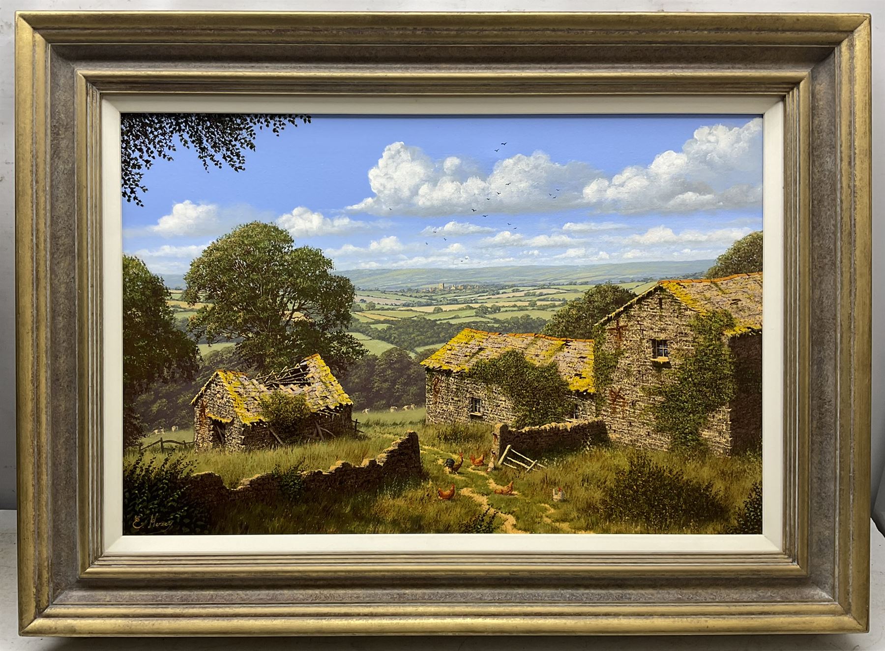 Edward Hersey (British 1948-): Chickens Feeding in Farmyard Ruins, oil on canvas signed 39cm x 59cm