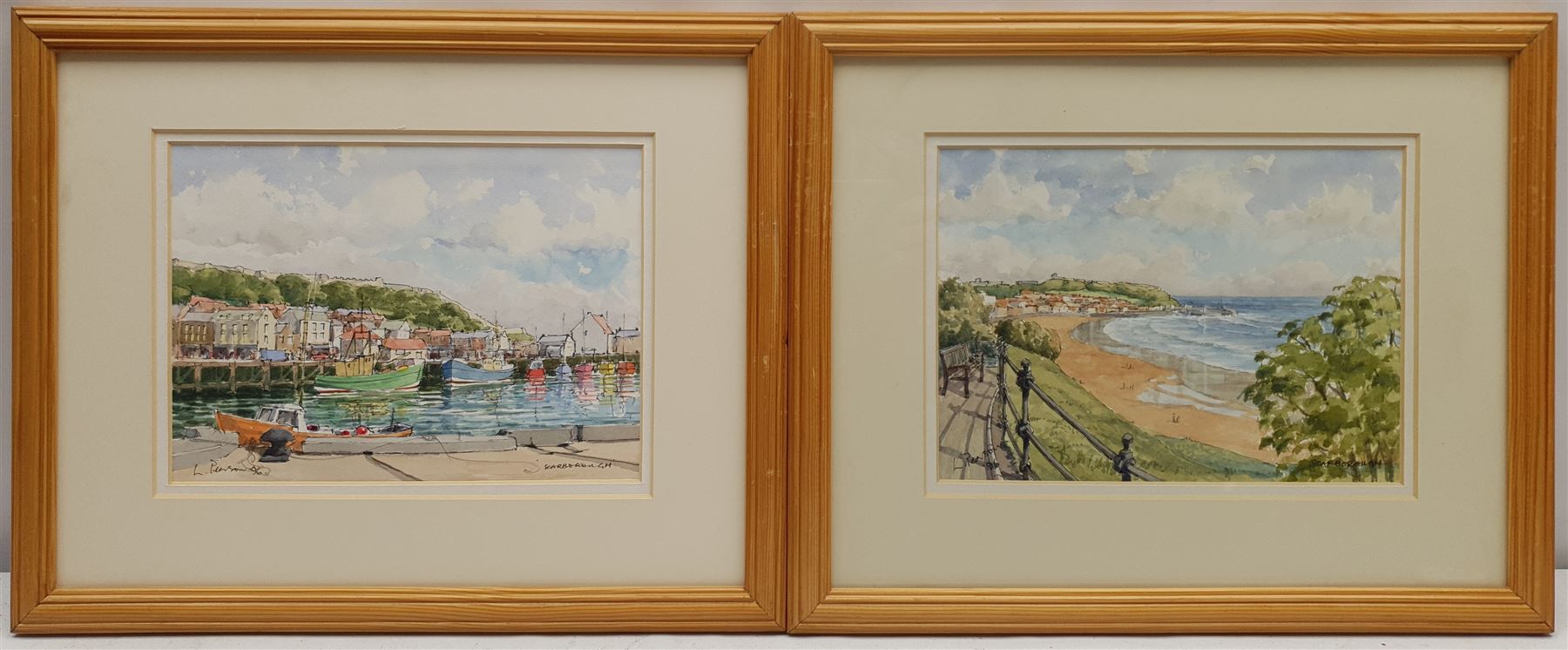 Les Pearson (British 1923-2010): 'The Harbour Scarborough' and 'Scarborough' from the Esplanade, pair watercolours and ink signed titled and dated '96, one with artist's Bridlington address label verso 15cm x 20cm (2)