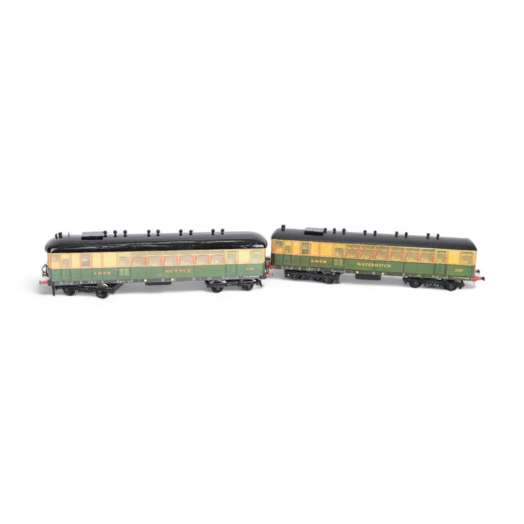 Two Leeds Model Company (LMC) 0 gauge LNER Sentinel steam railcars, each finished in LNER cream and green with lithographed paper sides on wooden body, one finished as Nettle no. 233 and the other as Waterwitch no. 220