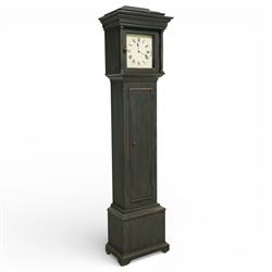 20th century Sligh longcase clock, the painted rectangular case with stepped and moulded hood enclosing a square painted dial with Roman numerals and spade hands, the trunk with single panelled door and moulded plinth base, the eight day weight driven movement with brass plates, chain driven train, anchor escapement and outside countwheel striking mechanism, issuing on a series of tuned rods with pendulum and brass cased weights