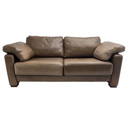Heals - contemporary two seat 'Palermo' sofa, upholstered in chocolate brown leather, raised on wooden block feet