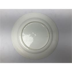 Three 19th century plates, comprising two circular examples and one oblong, each with osier moulded sides, the centres decorated in underglaze blue with Gillyflower type pattern, circular examples D25cm oblong example W27cm