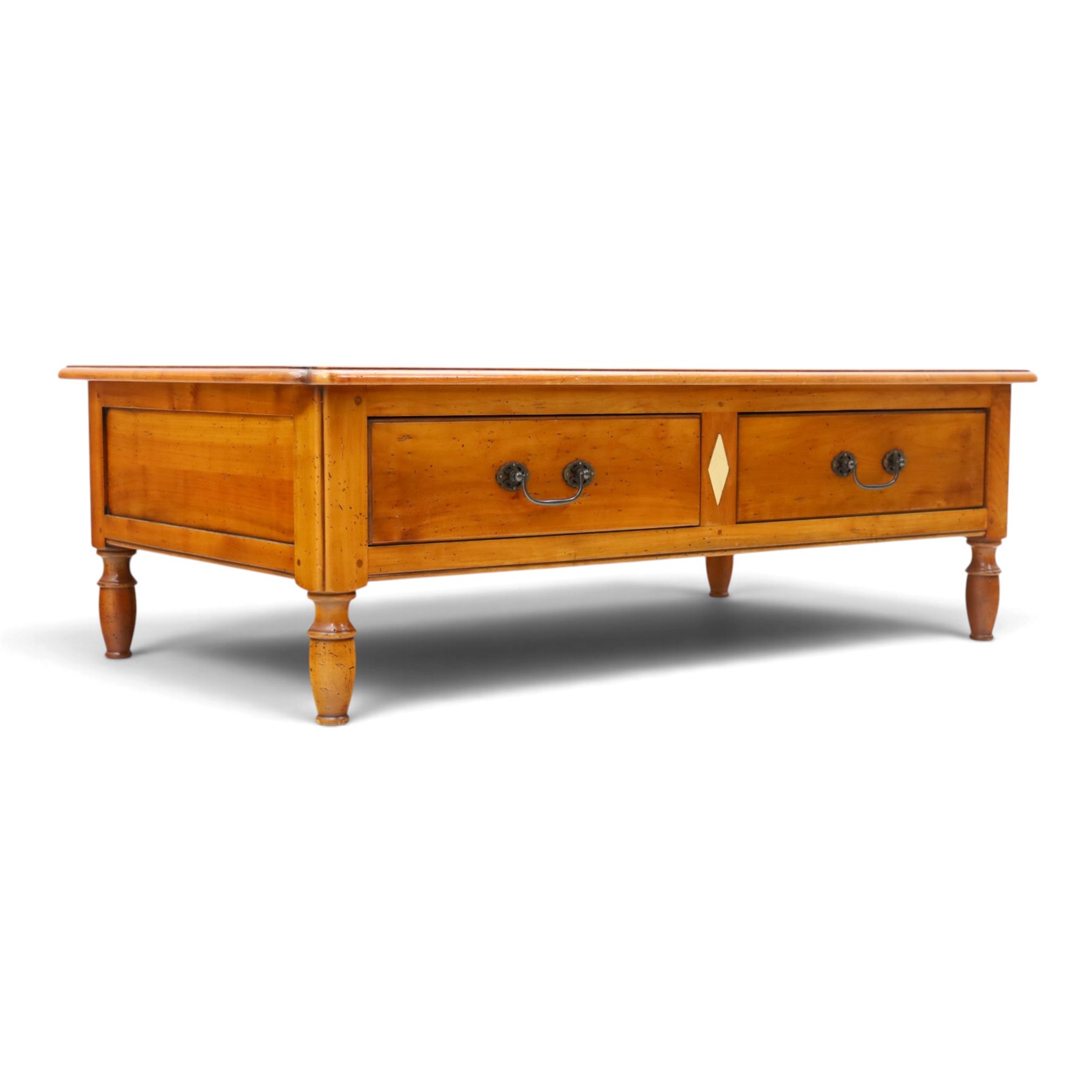 Wesley Barrell - French cherry wood coffee table, rectangular top inlaid with a geometric cross design, stone inlay with two frieze through drawers and metal drop handles, on short turned supports