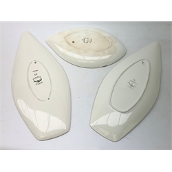 A Poole Pottery Aegean spear dish, together with a Delphis example, each shape 82, largest L44cm, and a Poole Delphis tear plate, shape 91, L30.5cm, each with printed mark beneath.