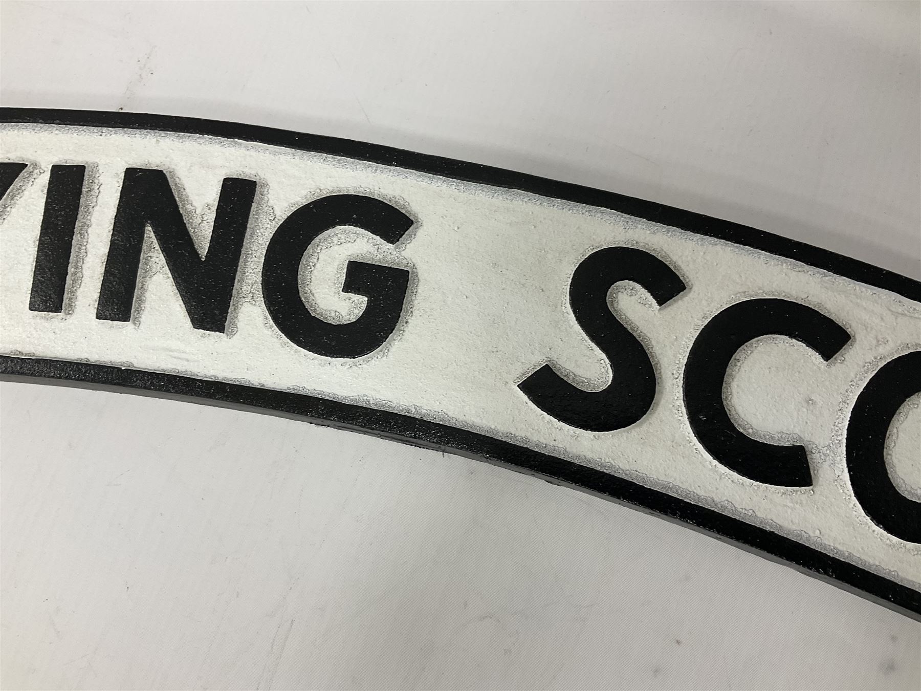 Cast iron Flying Scotsman arched type railway sign, L89cm THIS LOT IS TO BE COLLECTED BY APPOINTMENT FROM DUGGLEBY STORAGE, GREAT HILL, EASTFIELD, SCARBOROUGH, YO11 3TX