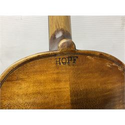 German Hopf violin c1900 with 35.5cm two-piece maple back impressed HOPF, maple ribs and spruce top, also marked HOPF internally L58.5cm overall; in Maidstone ebonised wooden coffin case with bow