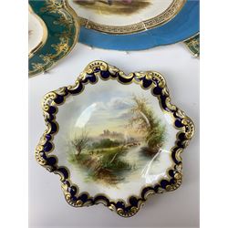 19th century Coalport plate of lobed form, painted with a pastoral scene within a gilt and turquoise ground, unmarked, D24cm a pair of 19th century lobed plates painted with views of 'Norham Castle' & 'Loch Katrine' and a George Jones Crescent porcelain plate of shaped form painted with a landscape scene by William Birbeck (4)