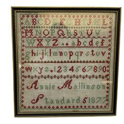 Framed and glazed Victorian alphabet cross stitch sampler by Annie Mallinson Standards 1877